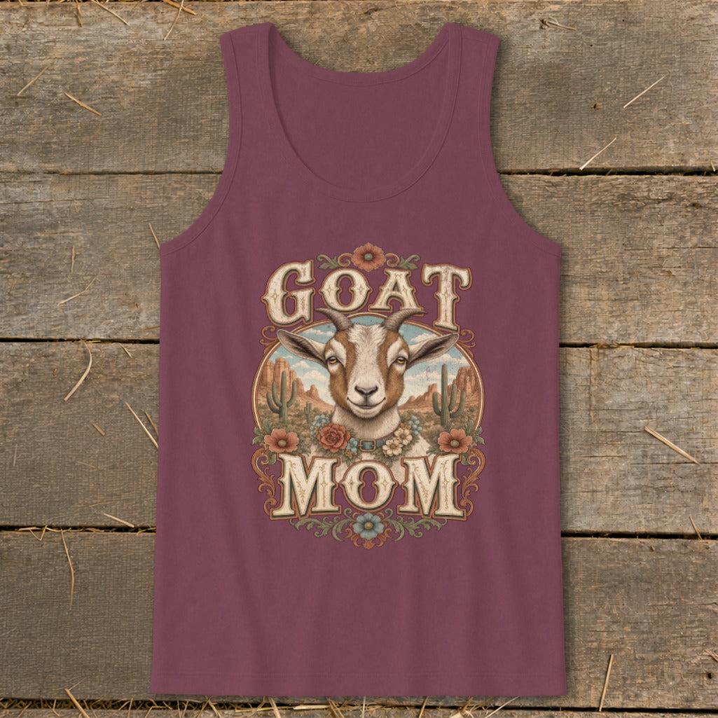 Maroon tank top with "GOAT MOM" text and a goat in a desert landscape.
