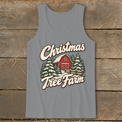 Christmas Tree Farm graphic on gray tank top