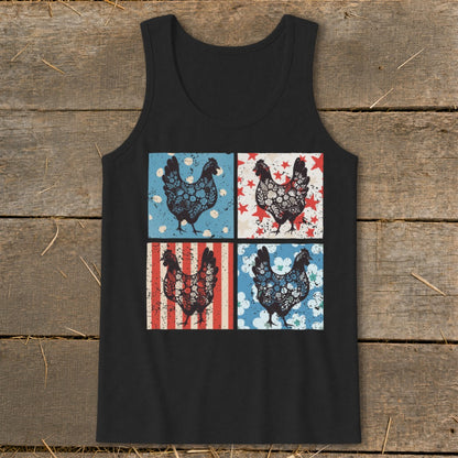 Black tank top with four squares of chickens in patriotic designs.