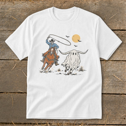 Skeleton cowboy on horse lassoing a longhorn ghost under a full moon.