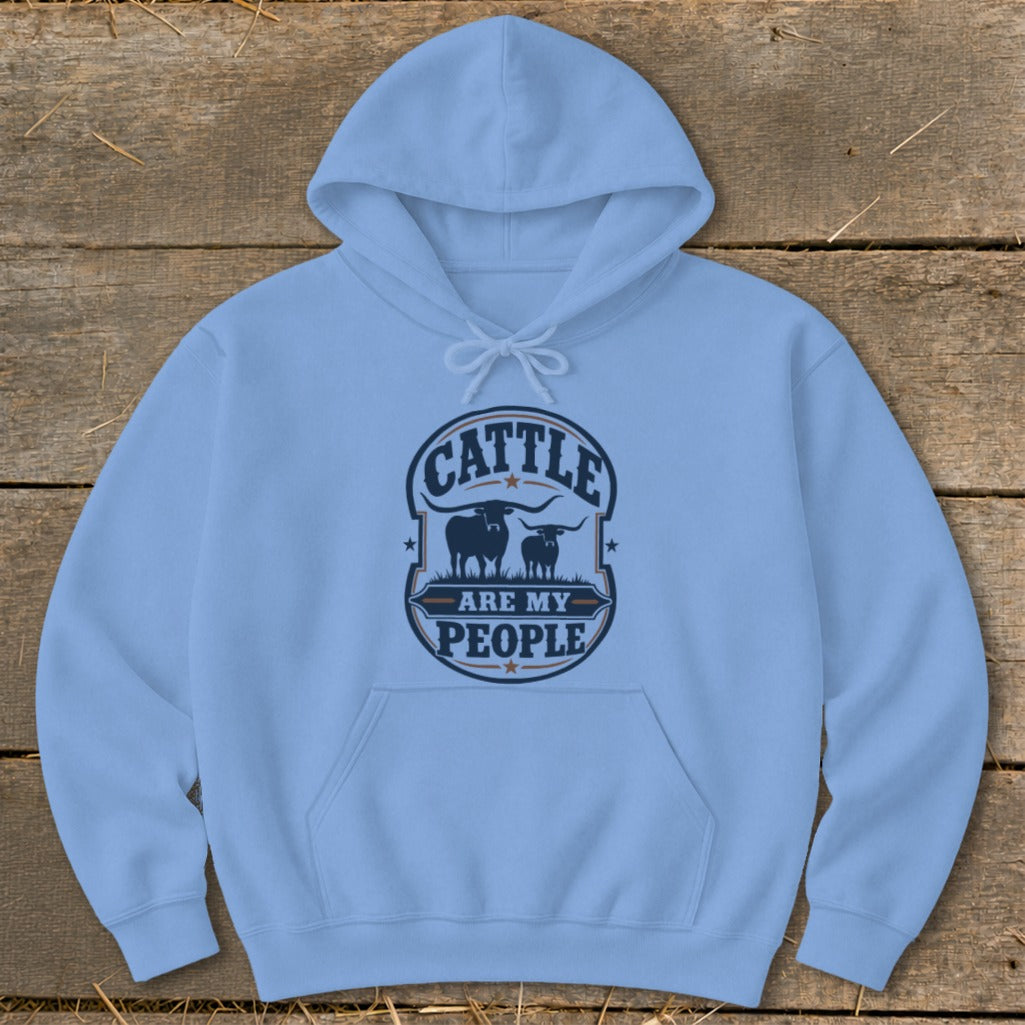Light blue hoodie with "Cattle Are My People" text and bull silhouettes graphic.