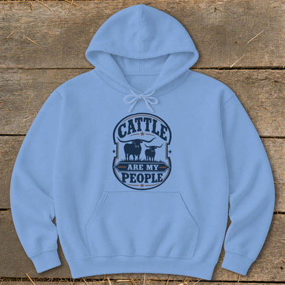 Light blue hoodie with "Cattle Are My People" text and bull silhouettes graphic.