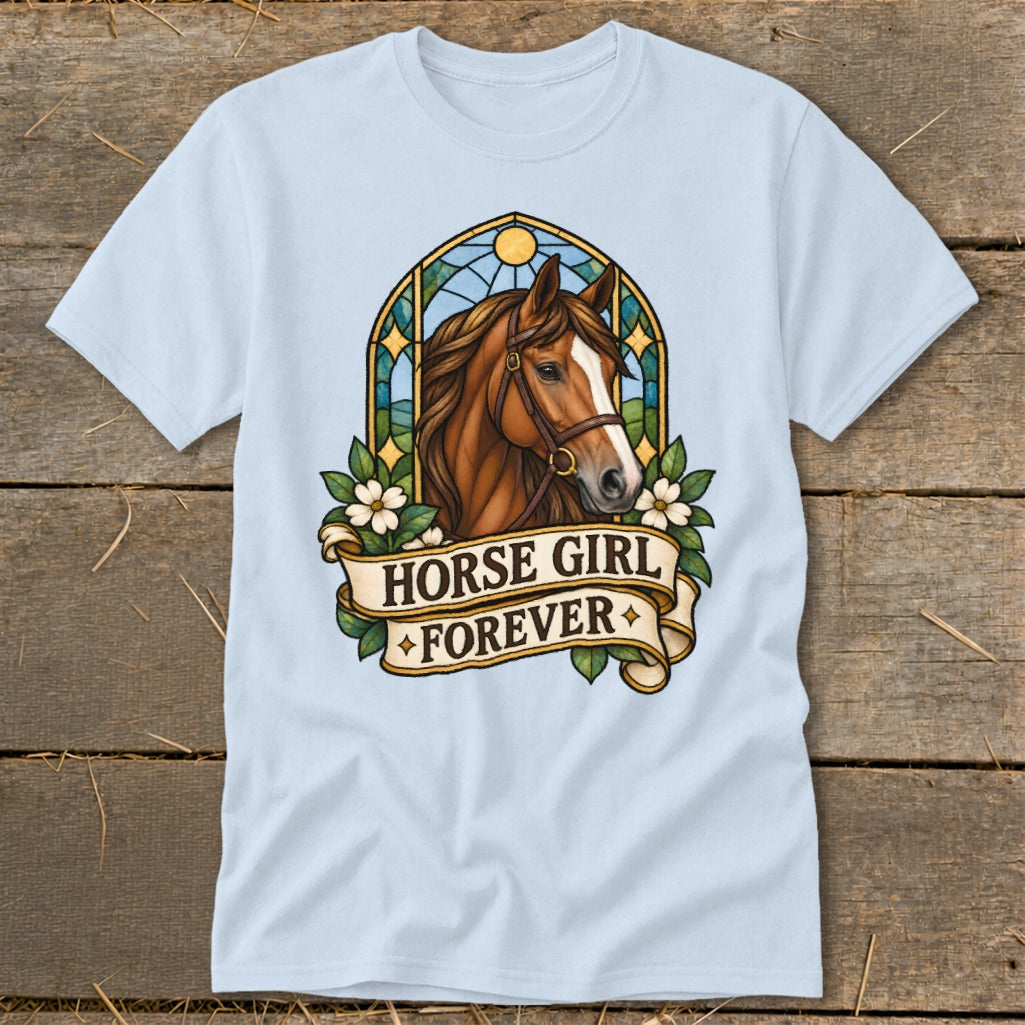 Light blue t-shirt with stained-glass horse head and "Horse Girl Forever" banner.