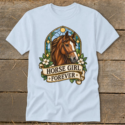 Light blue t-shirt with stained-glass horse head and "Horse Girl Forever" banner.
