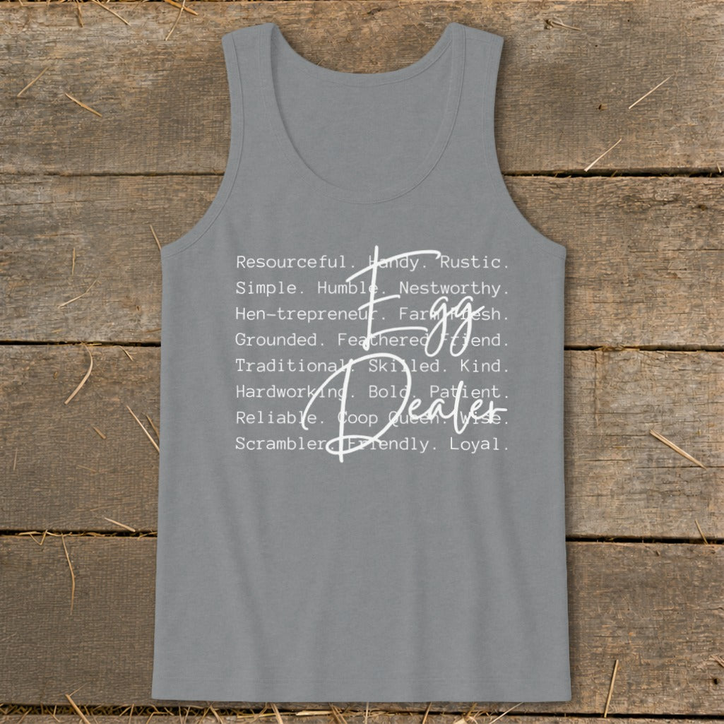 Grey tank top with text listing traits, including "Egg Dealer" in large script.