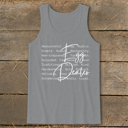 Grey tank top with text listing traits, including "Egg Dealer" in large script.