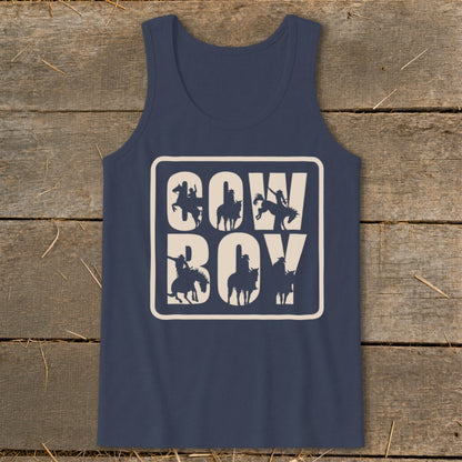 Navy tank top with beige "COW BOY" text and cowboy silhouettes.