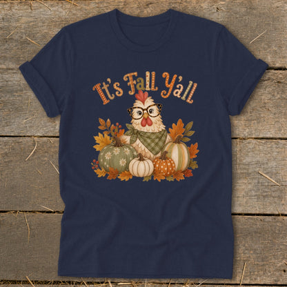 Chicken with glasses and bandana surrounded by pumpkins and fall leaves, "It's Fall Y'all" text.