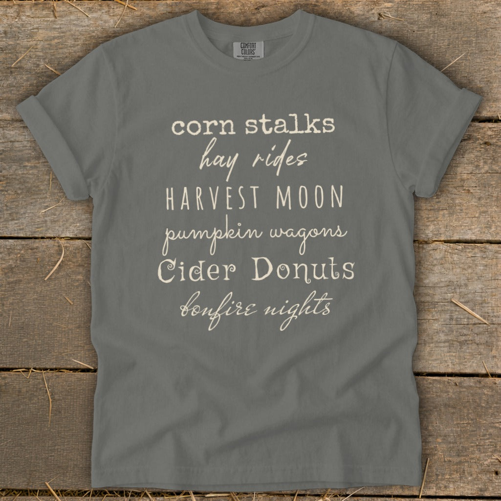 Gray t-shirt with white text listing fall activities: corn stalks, hay rides, harvest moon, pumpkin wagons, cider donuts, bonfire nights.