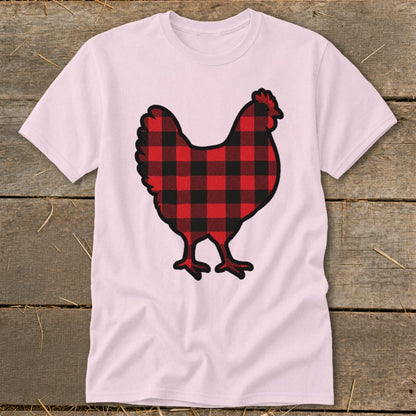 Pink t-shirt with a red and black buffalo plaid chicken graphic.