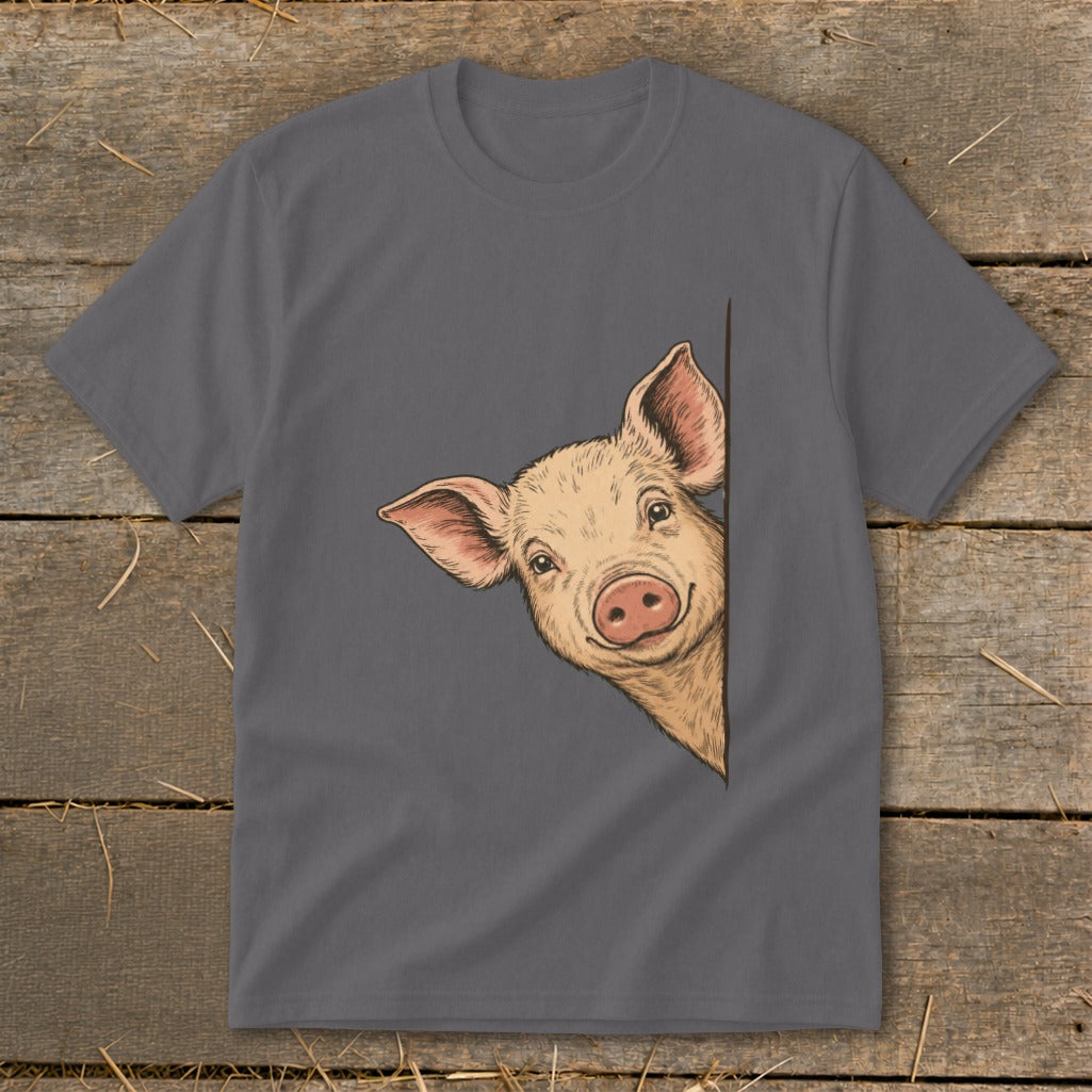 Charcoal t-shirt with a drawing of a peeking pig on the left side.
