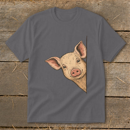 Charcoal t-shirt with a drawing of a peeking pig on the left side.