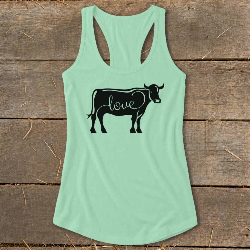 Light green racerback tank top with a black cow silhouette that reads "love" on its side.