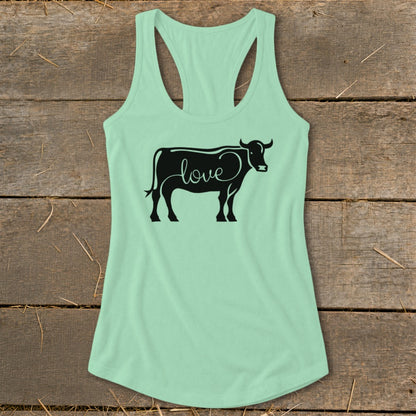 Light green racerback tank top with a black cow silhouette that reads "love" on its side.