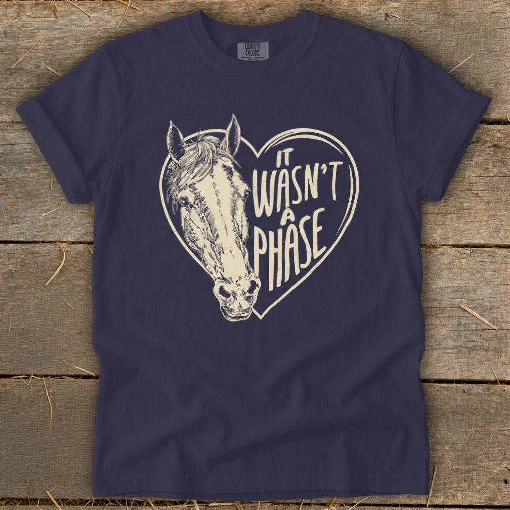 Navy t-shirt with horse head inside a heart saying "It wasn't a phase".