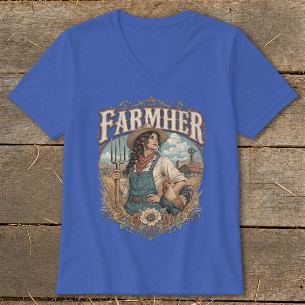 Blue t-shirt with "FARMHER" text, farmer, rooster, and barn graphic.