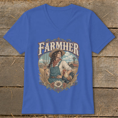 Blue t-shirt with "FARMHER" text, farmer, rooster, and barn graphic.
