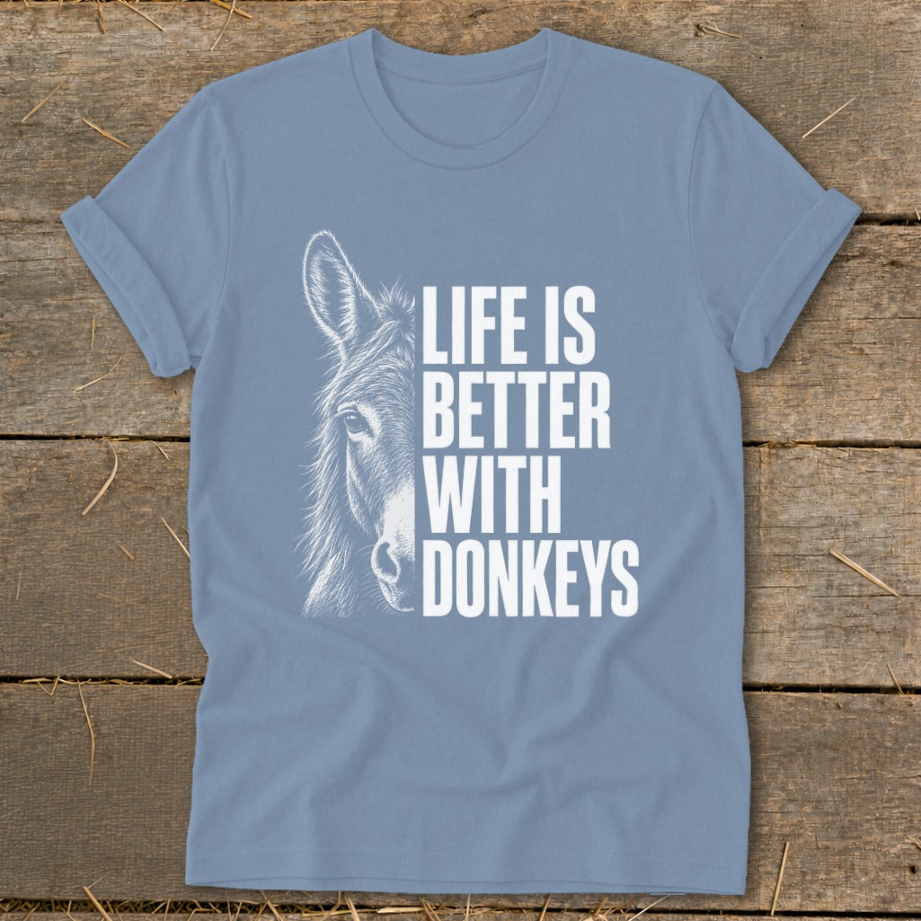 Light blue t-shirt with white donkey illustration and text "LIFE IS BETTER WITH DONKEYS".