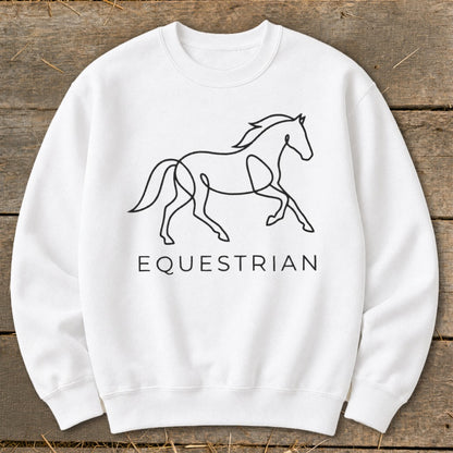 White sweatshirt with black line art of a running horse and the word EQUESTRIAN.