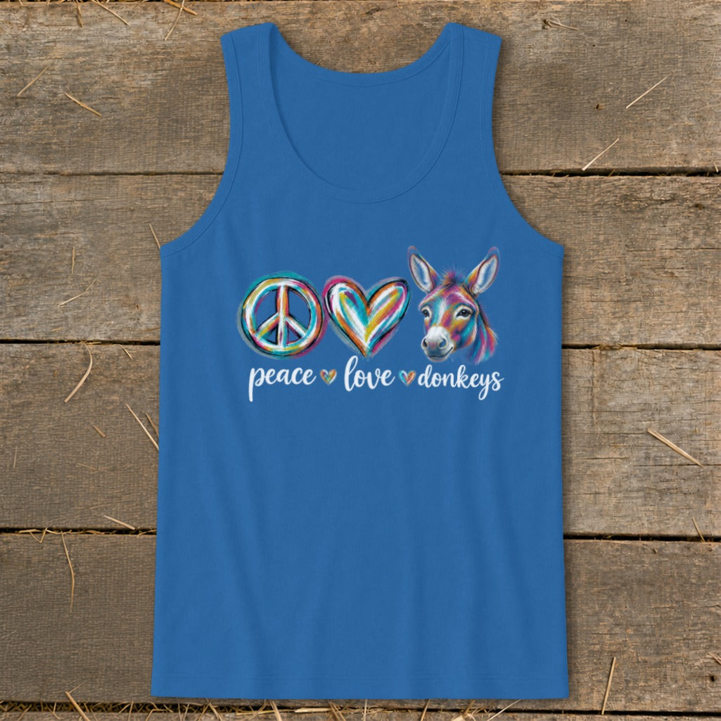 Blue tank top with peace sign, heart, and colorful donkey art reading "peace love donkeys."