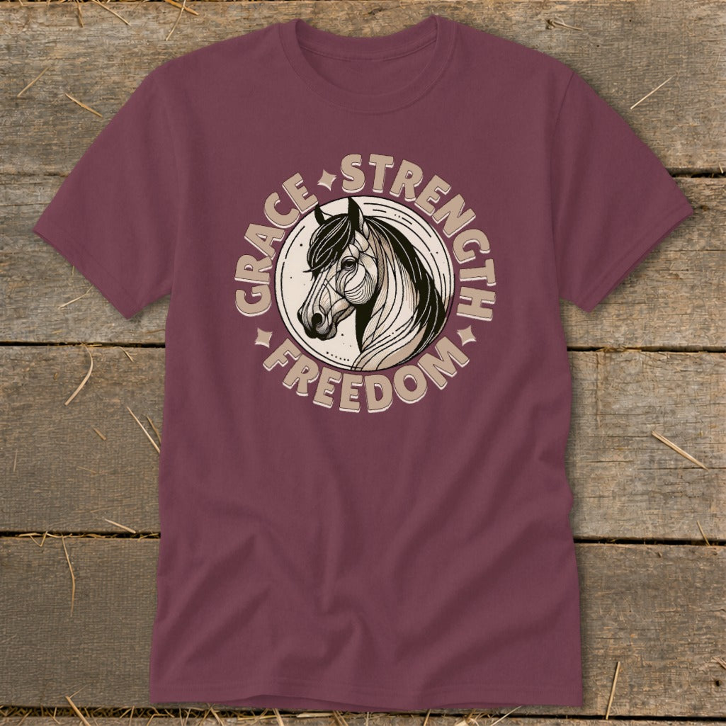 Maroon t-shirt with a horse head illustration surrounded by "Grace, Strength, Freedom."