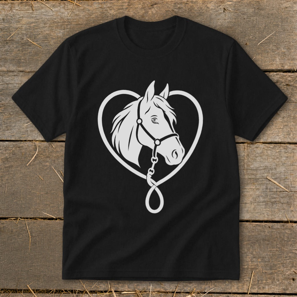 A black t-shirt features a white graphic of a horse's head framed inside a heart-shaped rope.
