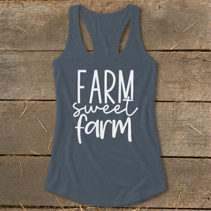 Gray tank top with white text reading "FARM sweet farm."