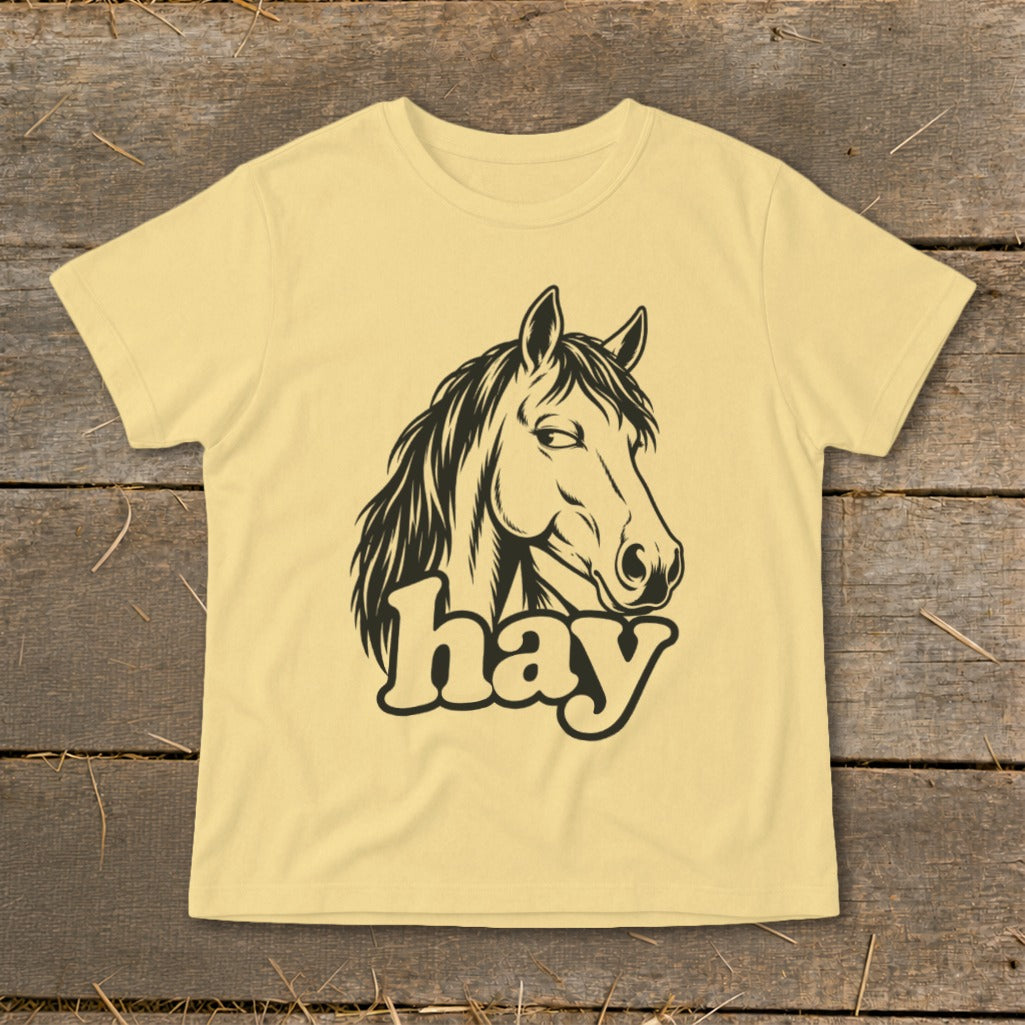 Yellow t-shirt with black horse head graphic and the word "hay".