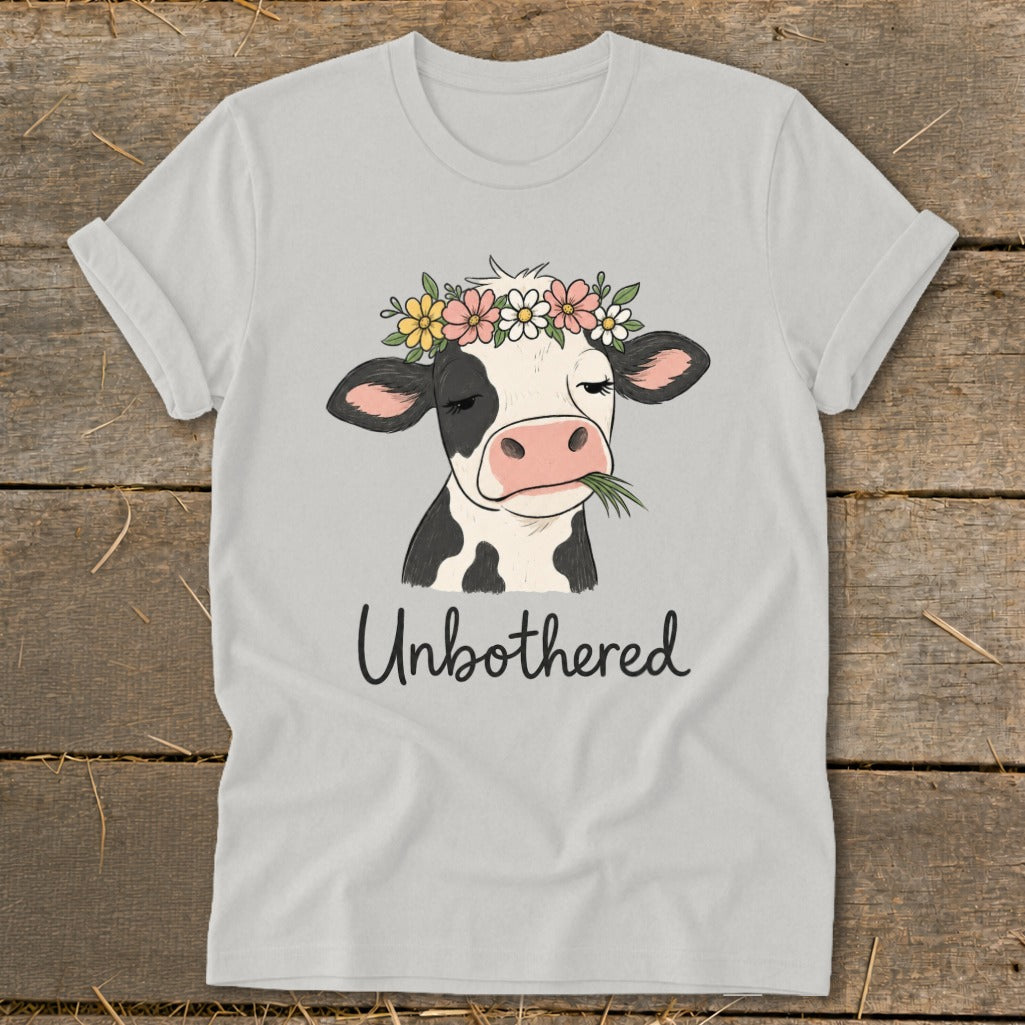 Cow with flower crown eating grass, text "Unbothered" on a t-shirt.