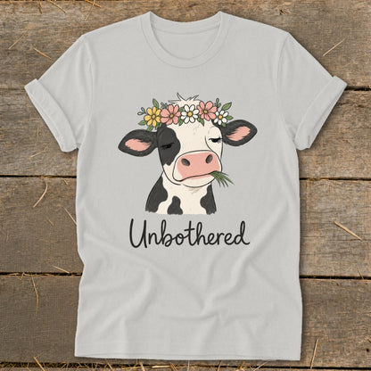 Cow with flower crown eating grass, text "Unbothered" on a t-shirt.