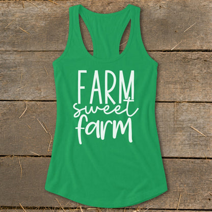 Green tank top with white text reading "FARM sweet farm"