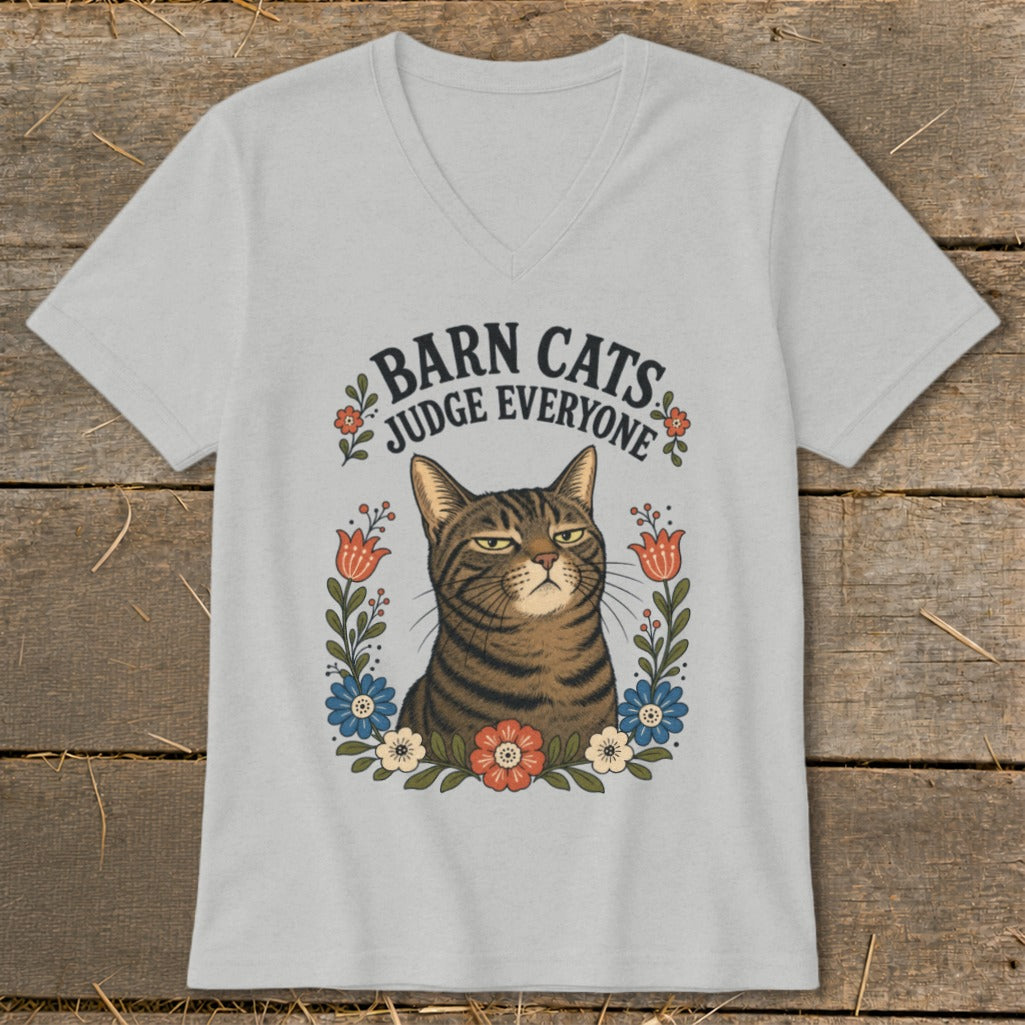Light gray v-neck t-shirt with a tabby cat and "Barn Cats Judge Everyone" text.