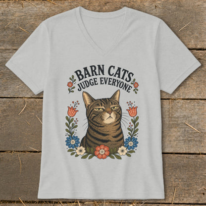 Light gray v-neck t-shirt with a tabby cat and "Barn Cats Judge Everyone" text.