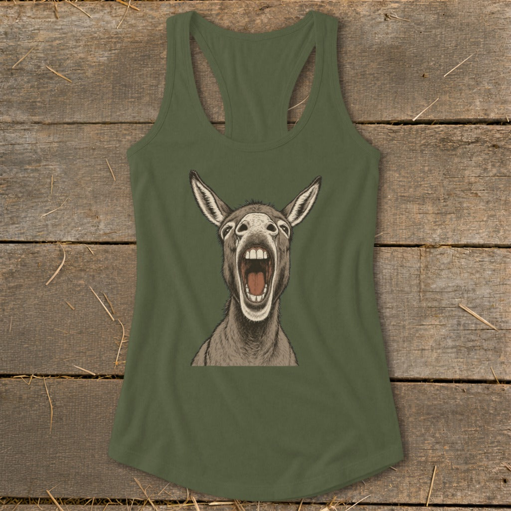 Olive green racerback tank top with a drawing of a donkey with its mouth wide open.