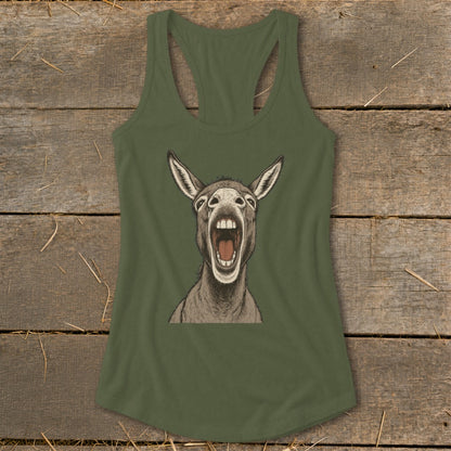 Olive green racerback tank top with a drawing of a donkey with its mouth wide open.