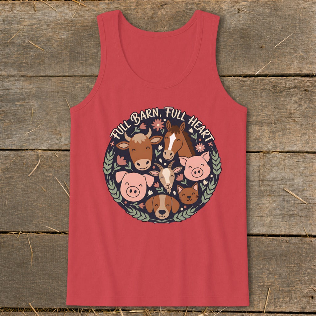 Red tank top with circular farm animal graphic and text "Full Barn, Full Heart".