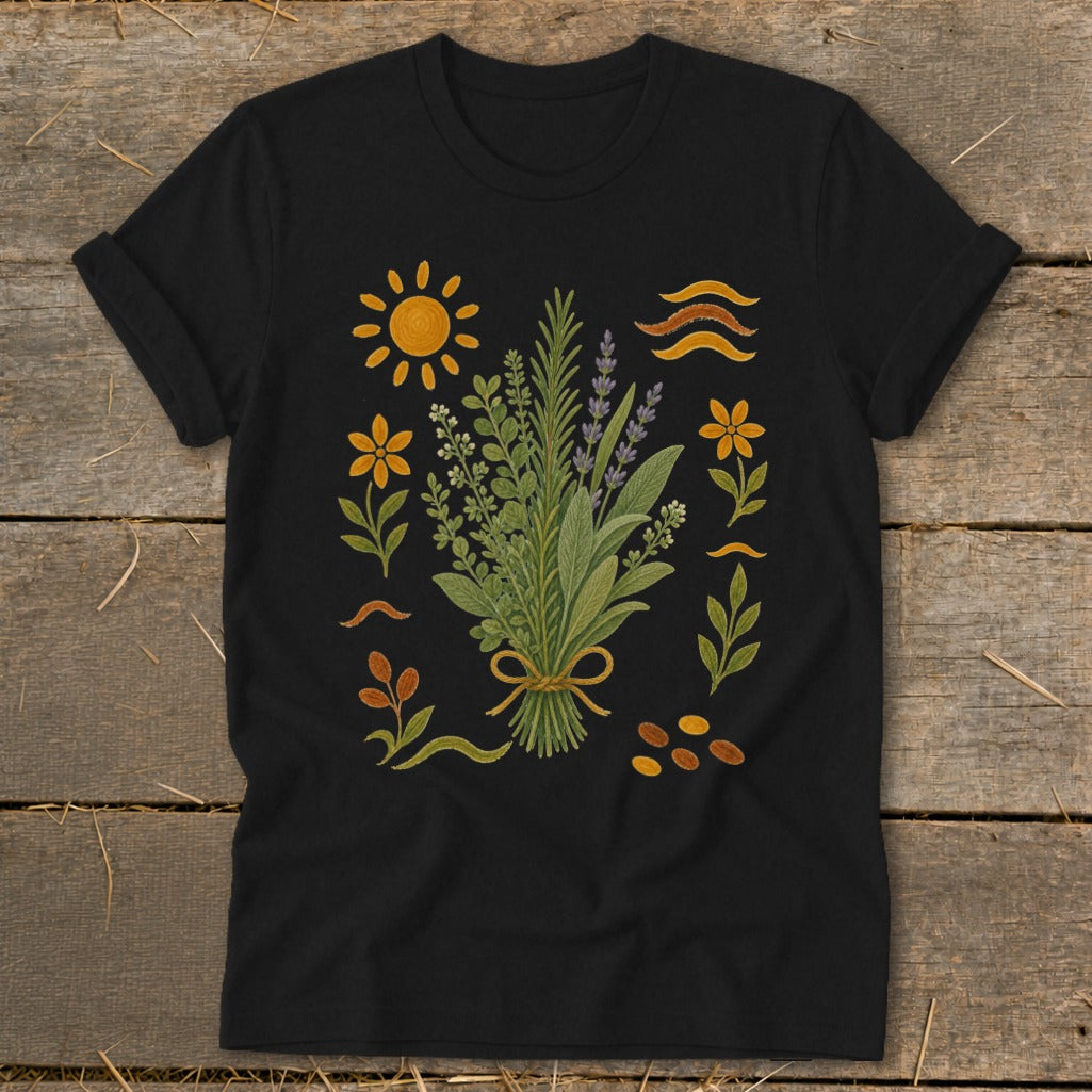 Black t-shirt with a bouquet of herbs and decorative elements, including a sun and flowers.