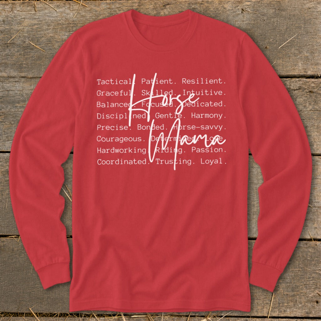 Red long sleeve shirt with "Horse Mama" text listing positive attributes.