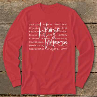 Red long sleeve shirt with "Horse Mama" text listing positive attributes.