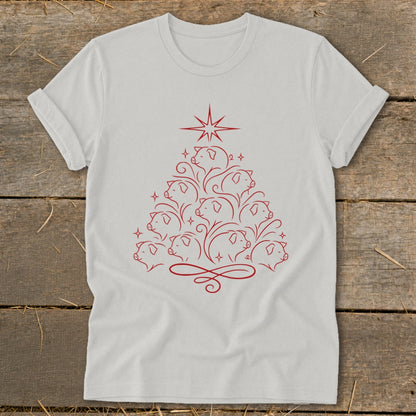 White t-shirt with red pig Christmas tree design and star topper.