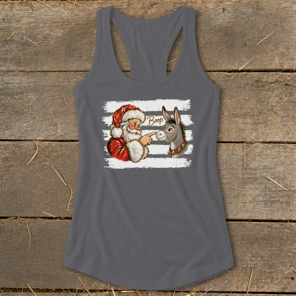 Santa boops a donkey with the text "Boop" on a white striped background.