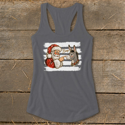 Santa boops a donkey with the text "Boop" on a white striped background.