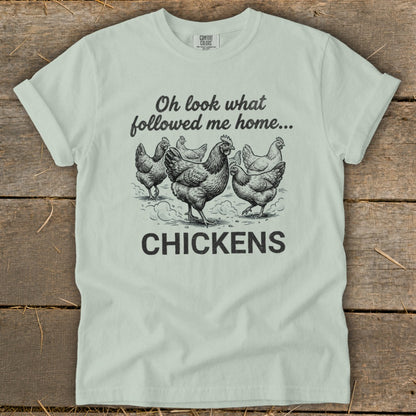 Light green t-shirt with sketch of chickens and text "CHICKENS" and "Oh look what followed me home...".