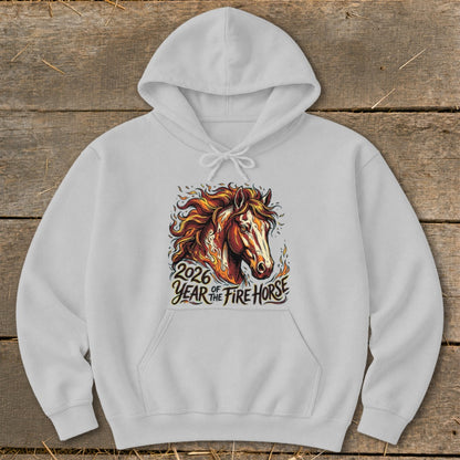 White hoodie with a "2026 Year of the Fire Horse" graphic featuring a horse's head.
