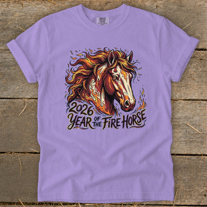 Purple t-shirt with a fiery horse graphic and text "2026 Year of the Fire Horse."