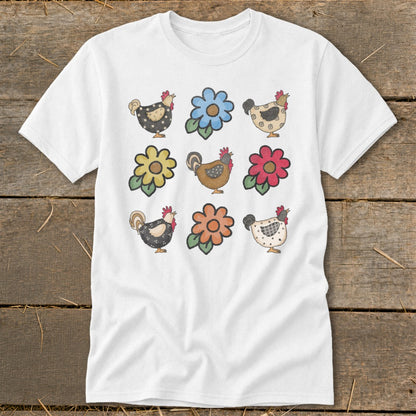 White t-shirt with a grid of six illustrated chickens and three flowers.