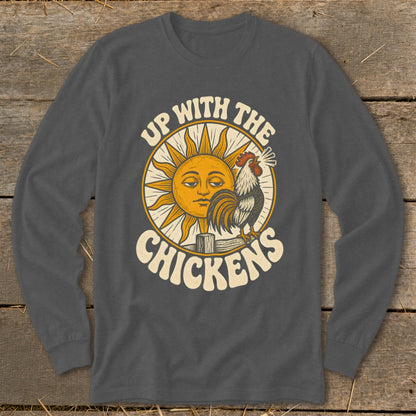 Charcoal long-sleeve t-shirt featuring a retro graphic of a crowing rooster and sun with the text Up With The Chickens.