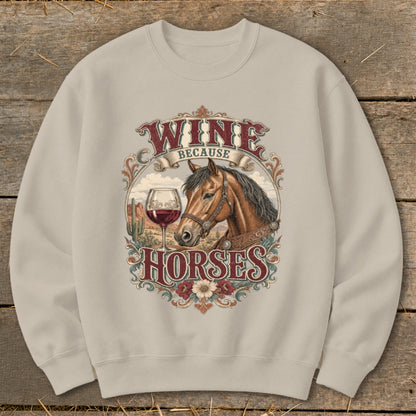 Graphic with a horse, wine glass, and desert landscape with text "Wine Because Horses".