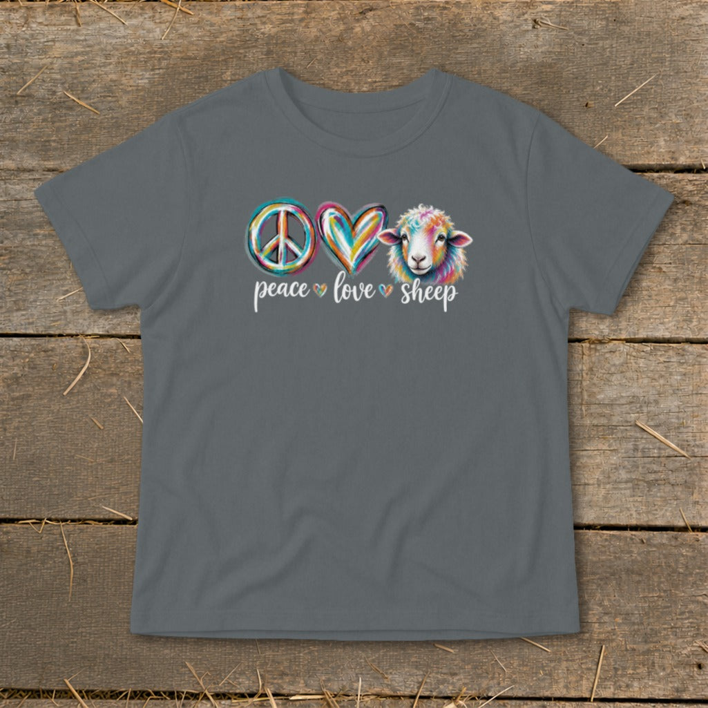 Gray t-shirt with peace, love, and sheep graphic and text.