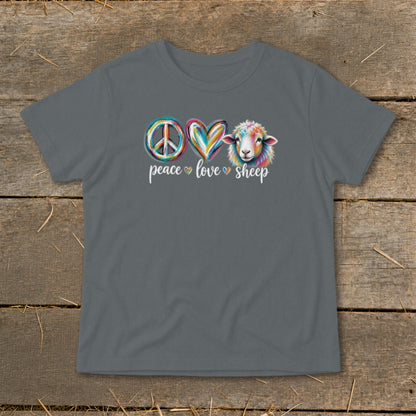 Gray t-shirt with peace, love, and sheep graphic and text.